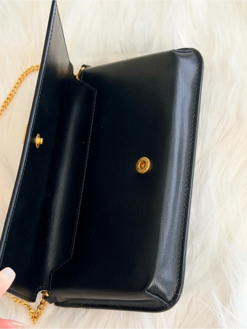 Saint Laurent Black Leather Crossbody phone holder with Gold YSL Chain